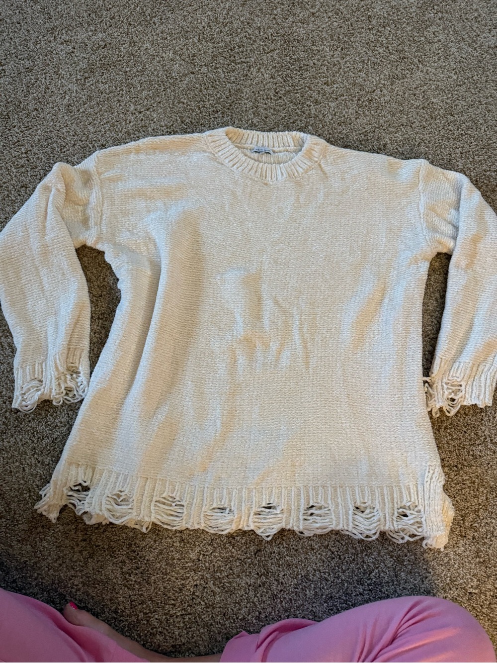white birch Cream Distressed Hem Crewneck Sweater